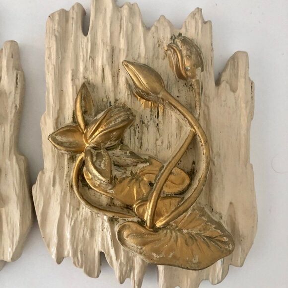 2 Floral Chalkware 3-D Wall Hangings MCM Hand Painted Gold Mid-Century Decor - Picture 7 of 10